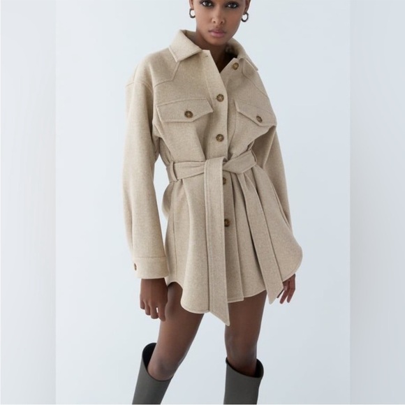 NWT ZARA Oversized Utility Shacket Chore Coat XS with Belt - Picture 1 of 16